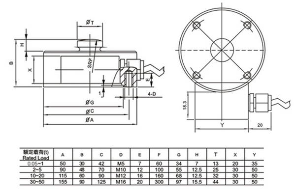 YBSC-5t稱重傳感器產(chǎn)品尺寸圖